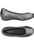 Pair of ballet flat shoes in pewter leather with a decorative strap and silver button on the toe, black Josef Seibel logo'd footbed and black outsole.