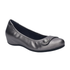 Ballet flat shoe in pewter leather with a decorative strap and silver button on the toe and black outsole.