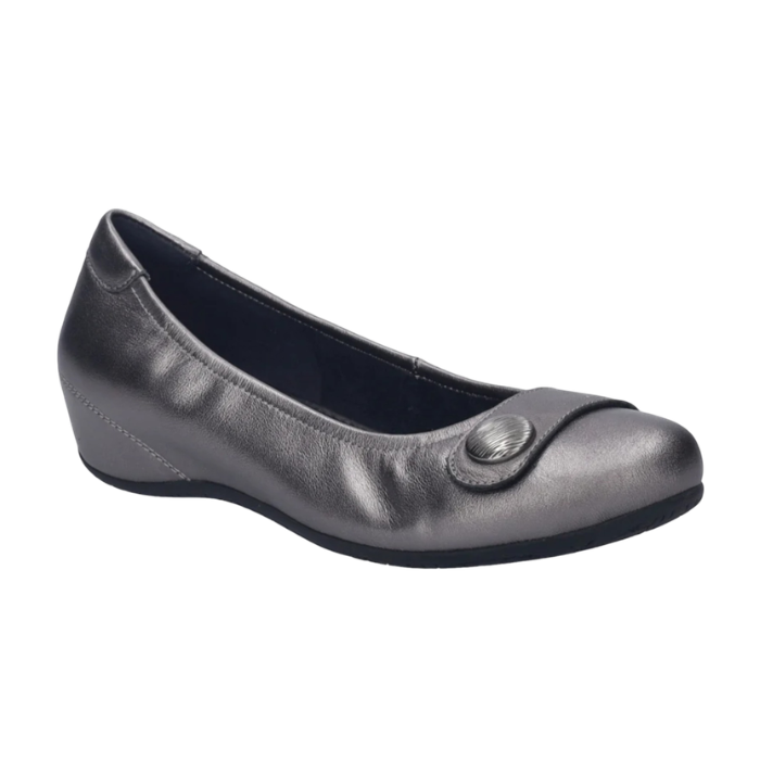 Ballet flat shoe in pewter leather with a decorative strap and silver button on the toe and black outsole.