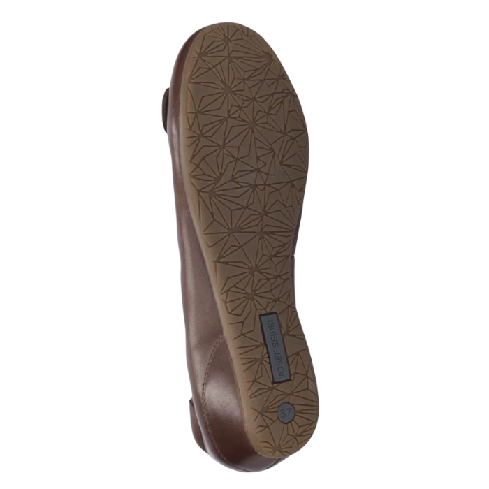 Brown geometric patterned tread on outsole with Josef Seibel logo stamped on heel.