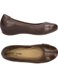 Pair of Ballet flat shoes in cognac leather with a decorative strap and  bronze button on the toe, tan Josef Seibel logo'd footbed and brown outsole.