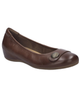 Ballet flat shoe in cognac leather with a decorative strap and  bronze button on the toe and brown outsole.