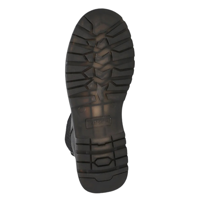 Black lugged outsole of Chelsea boot with Josef Seibel logo stamped in middle.