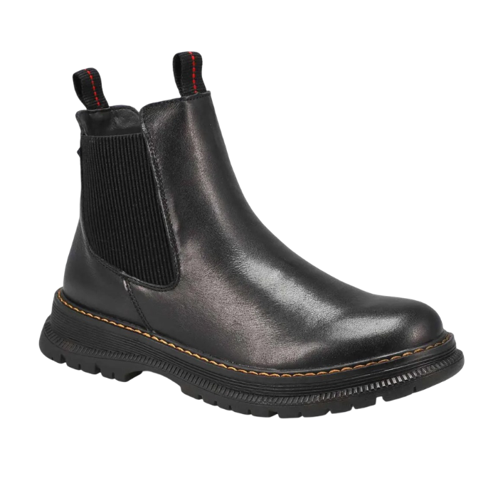 Black leather chelsea boot with dual pull tabs and a lugged outsole.