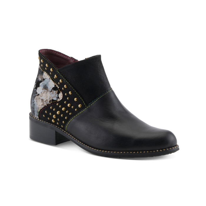 A black leather ankle boot with a low block heel, gold-tone studs on the side and a floral-patterned heel panel.