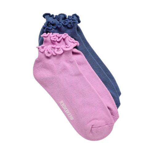 A pink pair and a blue pair of ankle socks with ruffled cuffs and white Weekender logo across the foot.