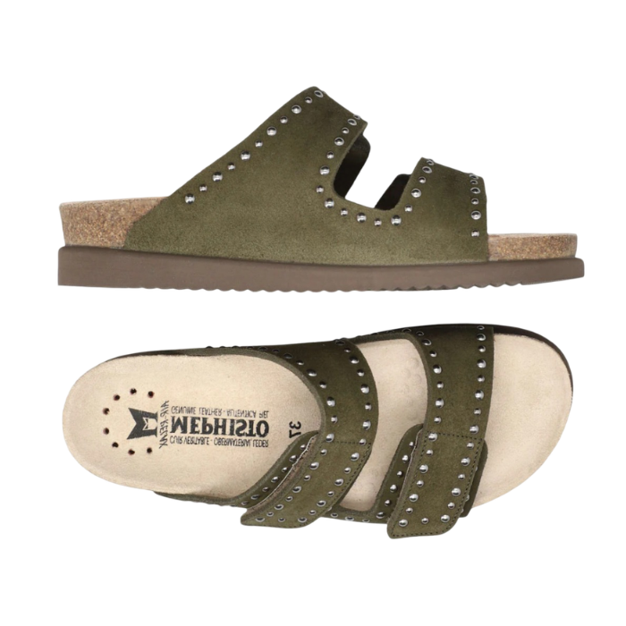 Pair of green slide sandals with silver stud accents, two thick Velcro straps, tan Mephisto logo'd footbed, cork midsole and brown outsole.