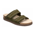 Green slide sandal with silver stud accents, two thick Velcro straps, tan Mephisto logo'd footbed, cork midsole and brown outsole.
