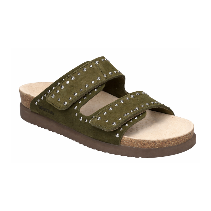 Green slide sandal with silver stud accents, two thick Velcro straps, tan Mephisto logo'd footbed, cork midsole and brown outsole.