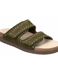 Green slide sandal with silver stud accents, two thick Velcro straps, tan Mephisto logo'd footbed, cork midsole and brown outsole.