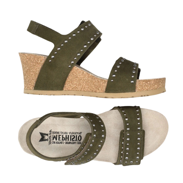 Pair of Green backstrap cork wedge sandals with silver stud design on straps, tan Mephisto logo'd footbed and beige outsole.