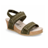 Green backstrap cork wedge sandal with silver stud design on straps, tan Mephisto logo'd footbed and beige outsole.