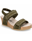 Green backstrap cork wedge sandal with silver stud design on straps, tan Mephisto logo'd footbed and beige outsole.