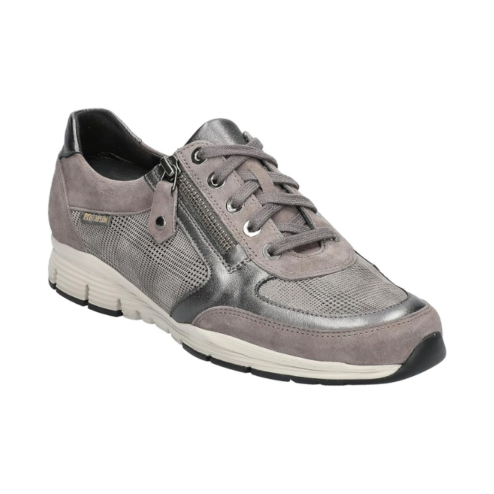 Women's Mephisto Ylona Lace-Up Sneakers - Soft-Air Comfort in grey with side zipper and cushioned sole, ideal for long city walks.