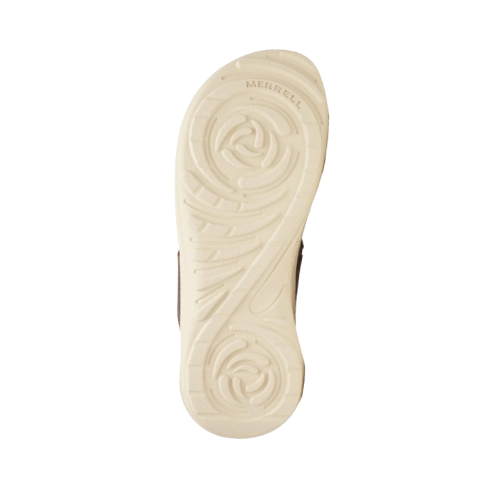 Beige treaded outsole of sandal with Merrell logo stamped in toe. Tread resembles two rose buds.