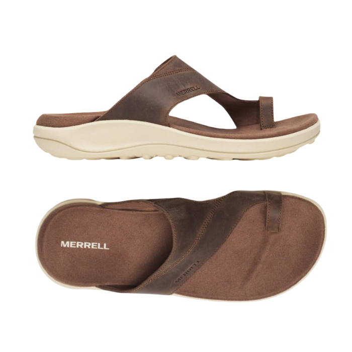 Pair of Brown leather sandals with toe loop, brown Merrell logo'd footbed and beige outsole.
