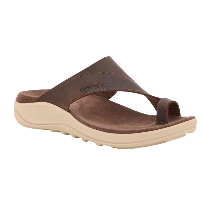 Brown leather sandal with toe loop, brown Merrell logo'd footbed and beige outsole.