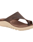 Brown leather sandal with toe loop, brown Merrell logo'd footbed and beige outsole.