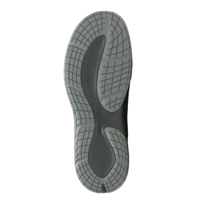 Black and grey treaded outsole of Merrell clog.