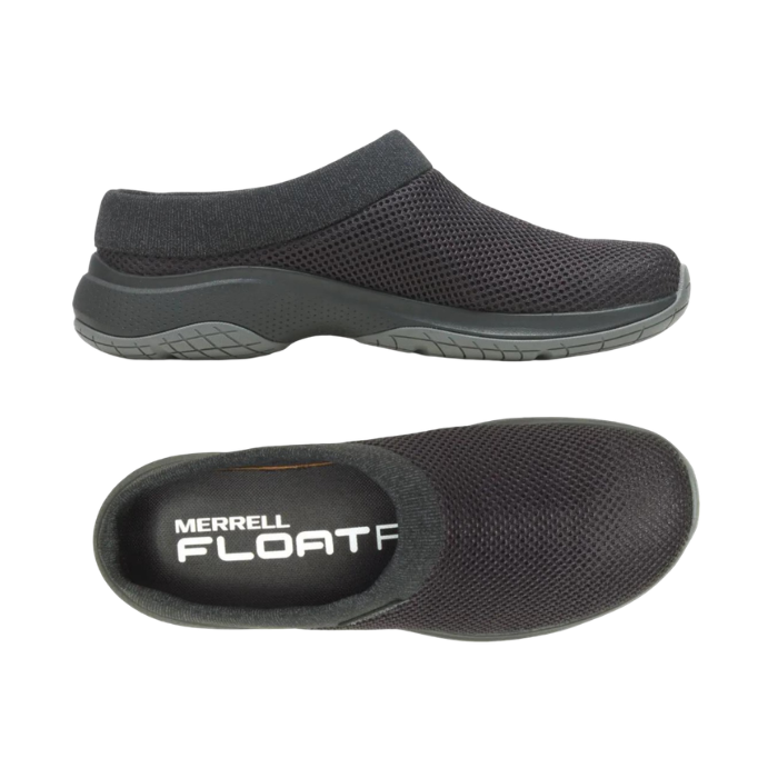 Pair of Black mesh upper clogs with knit cuff, Merrel logo'd footbed and treaded grey outsole.