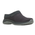 Black mesh upper clog with knit cuff, Merrel logo tag and treaded grey outsole.