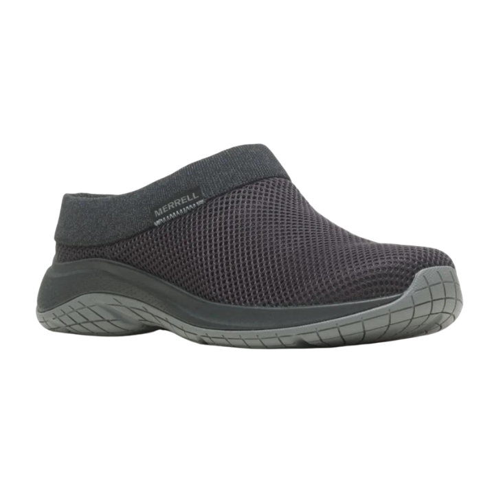 Black mesh upper clog with knit cuff, Merrel logo tag and treaded grey outsole.