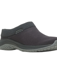 Black mesh upper clog with knit cuff, Merrel logo tag and treaded grey outsole.