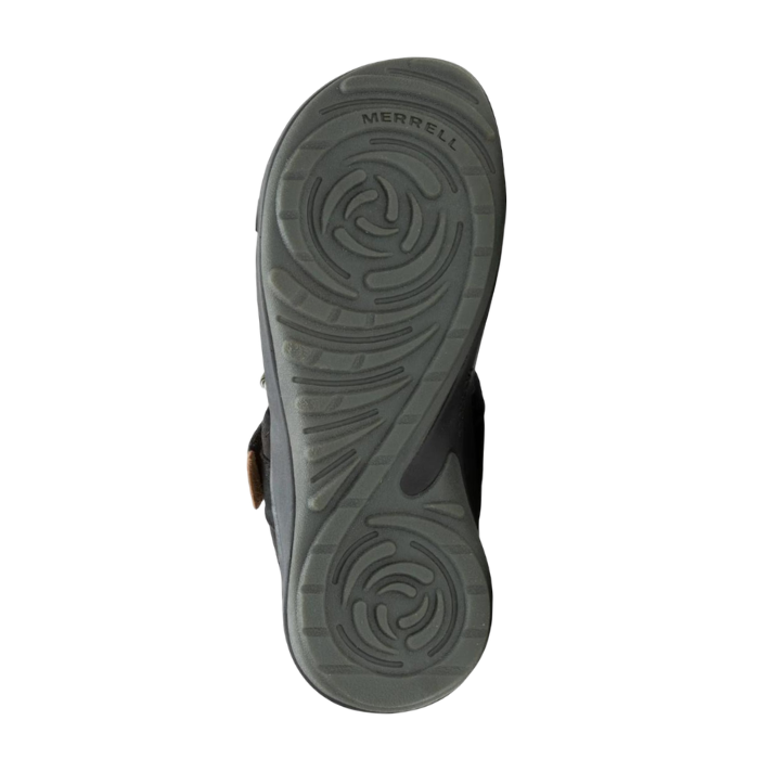Black rose petal design outsole with Merrell logo stamped near toe.