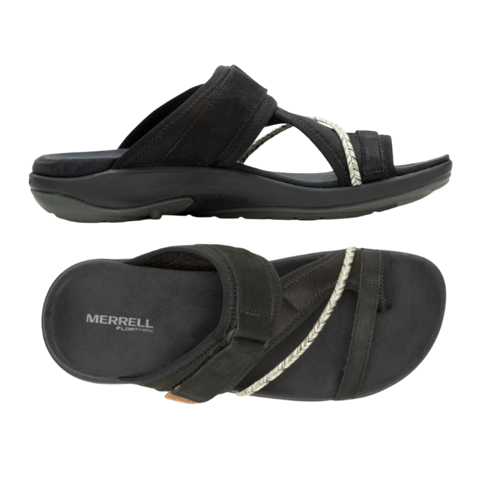 Pair of Black leather slide sandals with toe loop, decorative white braid, black Merrell logo'd footbed, Velcro strap and  black outsole.
