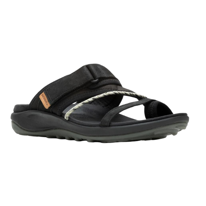 Black leather slide sandal with toe loop, decorative white braid, Velcro strap and  black outsole.