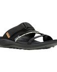 Black leather slide sandal with toe loop, decorative white braid, Velcro strap and  black outsole.