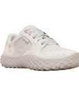 Grey sneaker with pink embroidery flowers, lace panel accents, ribbon laces and a deep tread soft pink outsole.