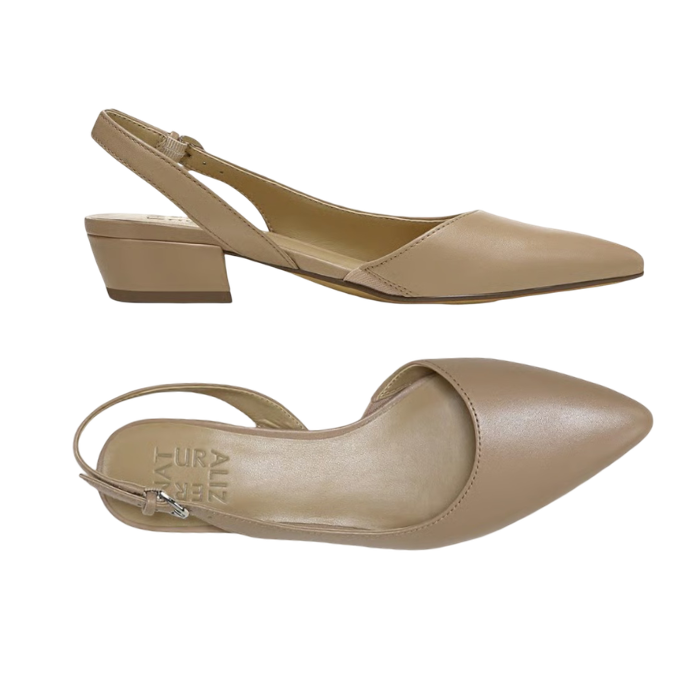 Pair of tan leather slingbacks with tan Naturalizer logo'd footbed, pointed toe and low block heel.