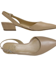 Pair of tan leather slingbacks with tan Naturalizer logo'd footbed, pointed toe and low block heel.