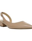 Tan leather slingback with tan footbed, pointed toe and low block heel.