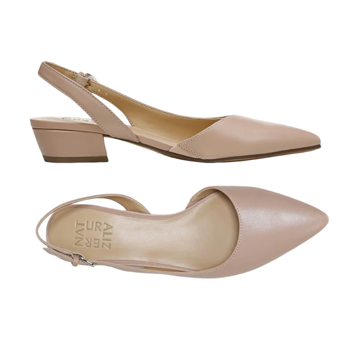 Pair of tan leather slingbacks with tan Naturalizer logo'd footbed, pointed toe and low block heel.
