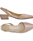 Pair of tan leather slingbacks with tan Naturalizer logo'd footbed, pointed toe and low block heel.
