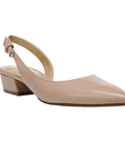 Tan leather slingback with tan footbed, pointed toe and low block heel.