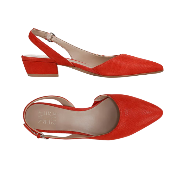 Pair of Red leather slingbacks with tan Naturalizer logo'd footbed, pointed toe and low block heel.