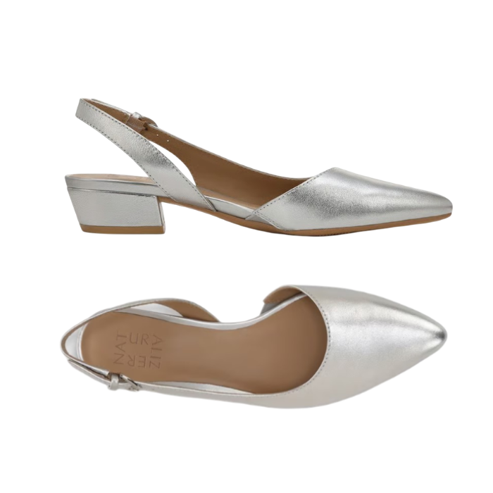 Pair of silver leather slingbacks with tan Naturalizer logo'd footbed, pointed toe and low block heel.