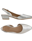 Pair of silver leather slingbacks with tan Naturalizer logo'd footbed, pointed toe and low block heel.