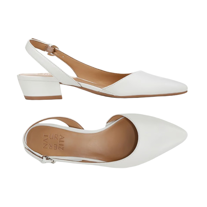 Pair of white leather slingbacks with tan Naturalizer logo'd footbed, pointed toe and low block heel.