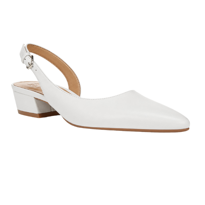 White leather slingback with tan footbed, pointed toe and low block heel.
