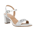 White satin block heel sandal with silver embellishments on toe strap and Naturalizer logo'd tan footbed.