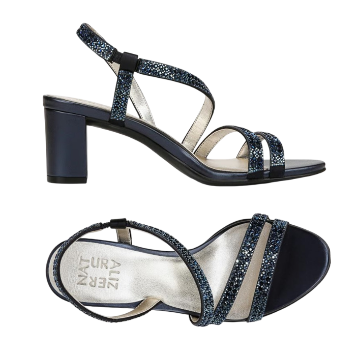 Pair of navy satin block heel sandals with rhinestone straps and Naturalizer logo'd footbed.