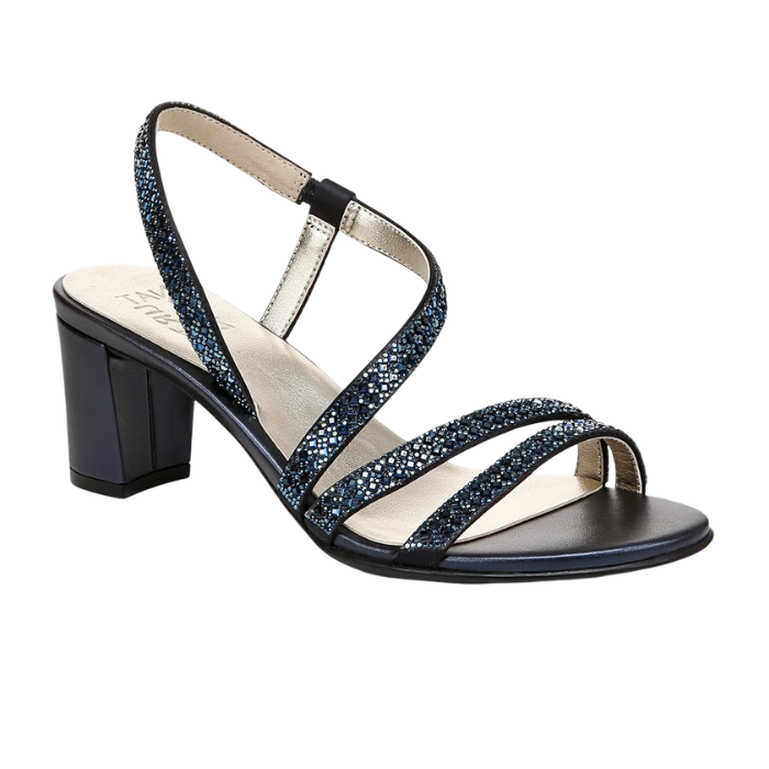 Navy satin block heel sandal with rhinestone straps and Naturalizer logo'd footbed.