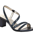 Navy satin block heel sandal with rhinestone straps and Naturalizer logo'd footbed.
