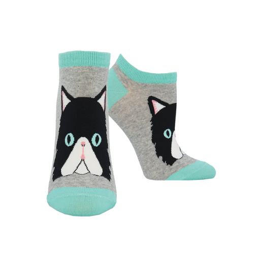 Women's ankle socks in  grey with white Persian cat face on each foot and teal accents.