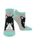 Women's ankle socks in  grey with white Persian cat face on each foot and teal accents.