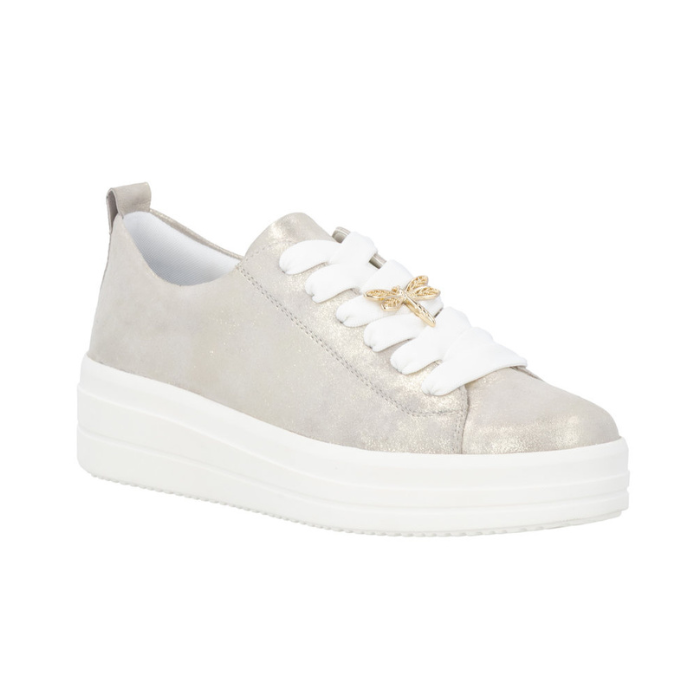 Dusted gold sneaker with white laces, gold dragonfly lace charm and white platform outsole.